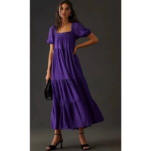 By Anthropologie Tiered Puff-Sleeve Maxi Dress Purple Relax Romantic L New